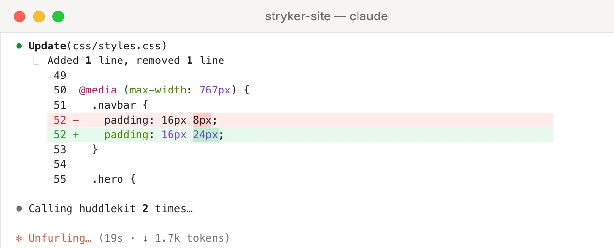 Claude Code reading a comment over MCP, fixing the CSS and resolving it